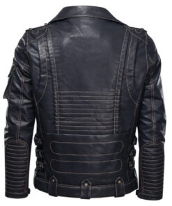 Men Biker Blue Leather Zipper Jacket