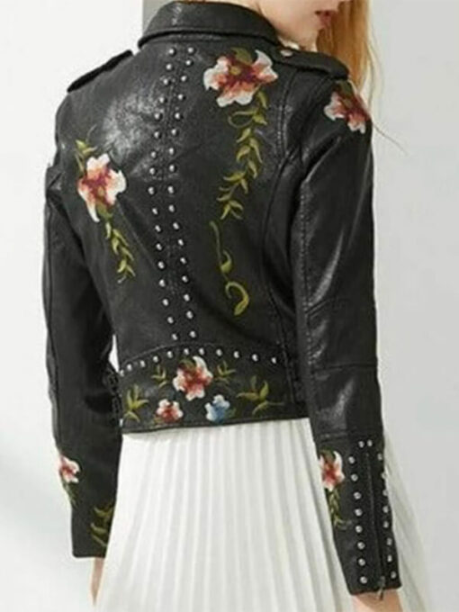 Spring Women Elegant Floral Print Embroidery Faux Leather Jacket Zipper Soft Faux Coat