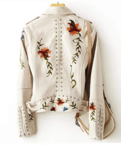 Women Faux Jacket Floral Print Embroidery Faux Soft Leather Jacket