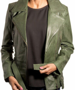 Ladies Bottle Green Belted Biker Style Leather Jacket: Aurora