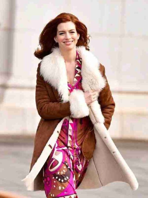 Actress Anne Hathaway Shearling Brown Suede Leather Coat
