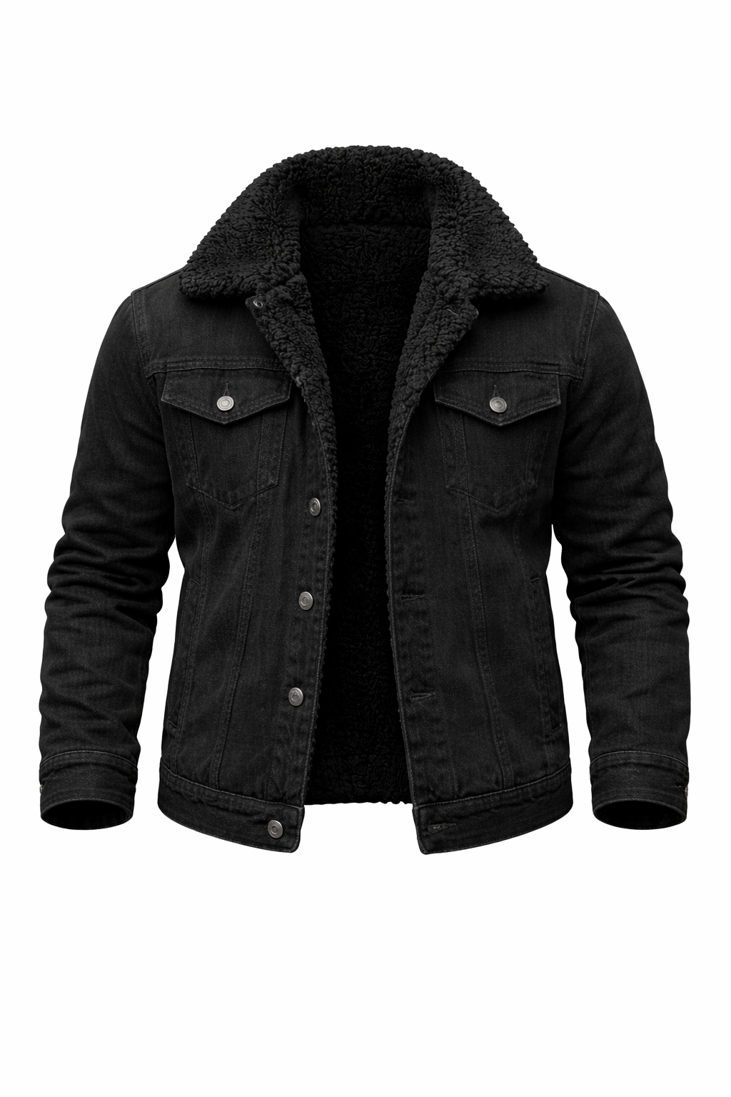 Men’s Black Denim Sherpa Jacket – Faux Shearling Lined Winter Trucker Coat
