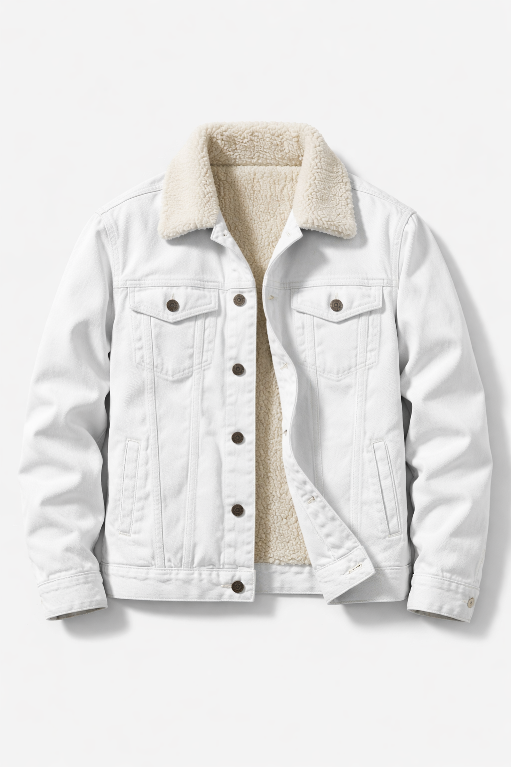 Men’s White Denim Sherpa Jacket – Faux Shearling Lined Winter Trucker Coat
