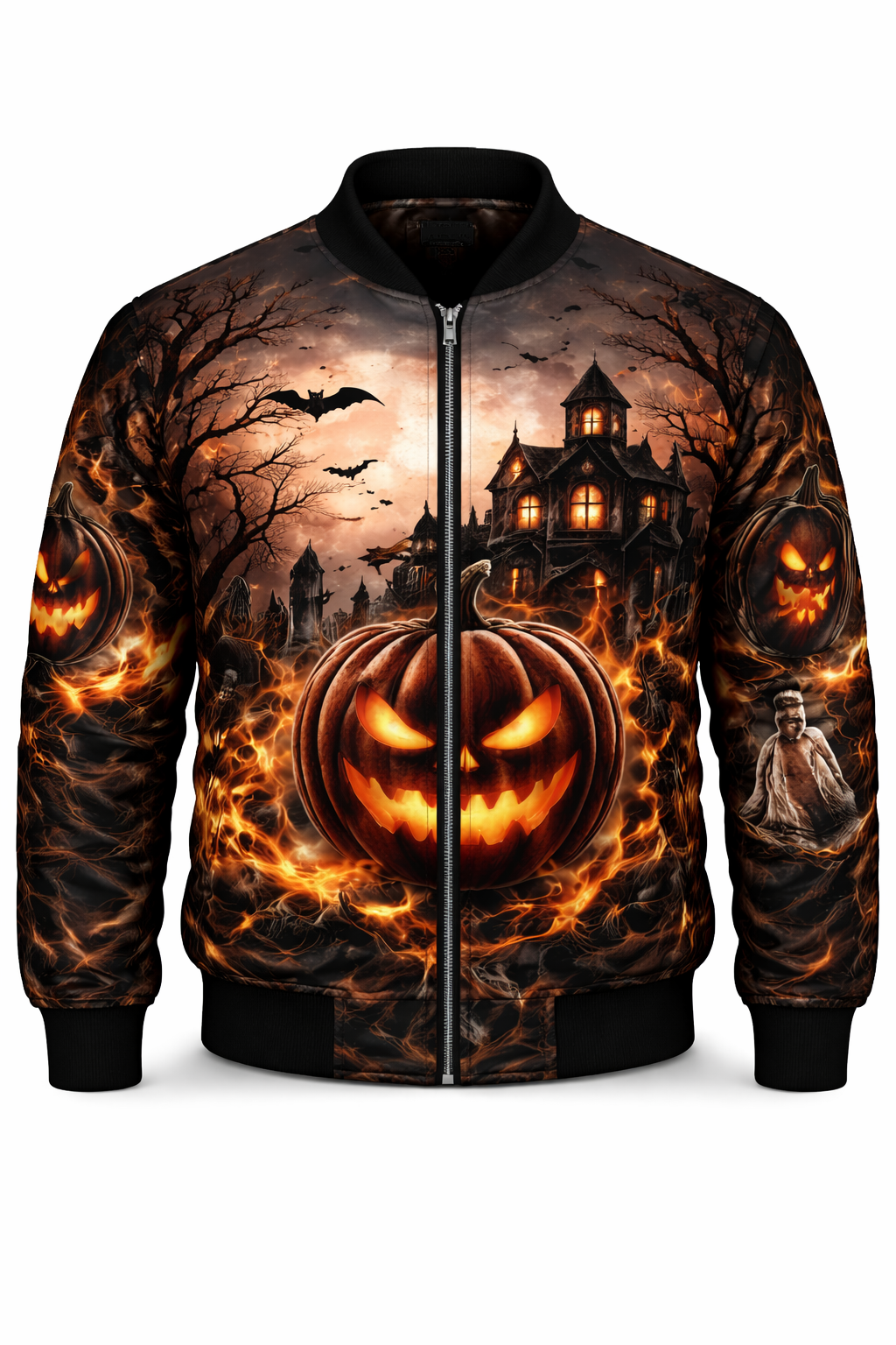 Menβs Halloween Haunted House & Flaming Pumpkin Bomber Jacket β 3D All-Over Print Zip-Up Party Jacket