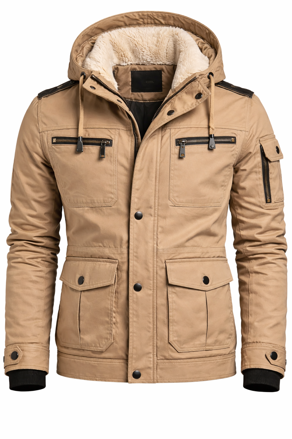 Men’s Beige Hooded Winter Jacket – Fur Lined Parka Style Utility Coat with Multiple Pockets
