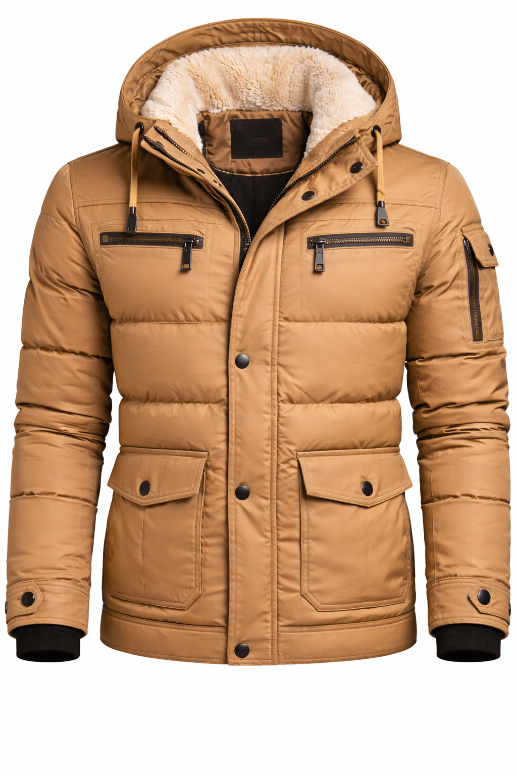 Men’s Tan Puffer Jacket with Hood – Insulated Winter Coat with Faux Fur Lining & Utility Pockets