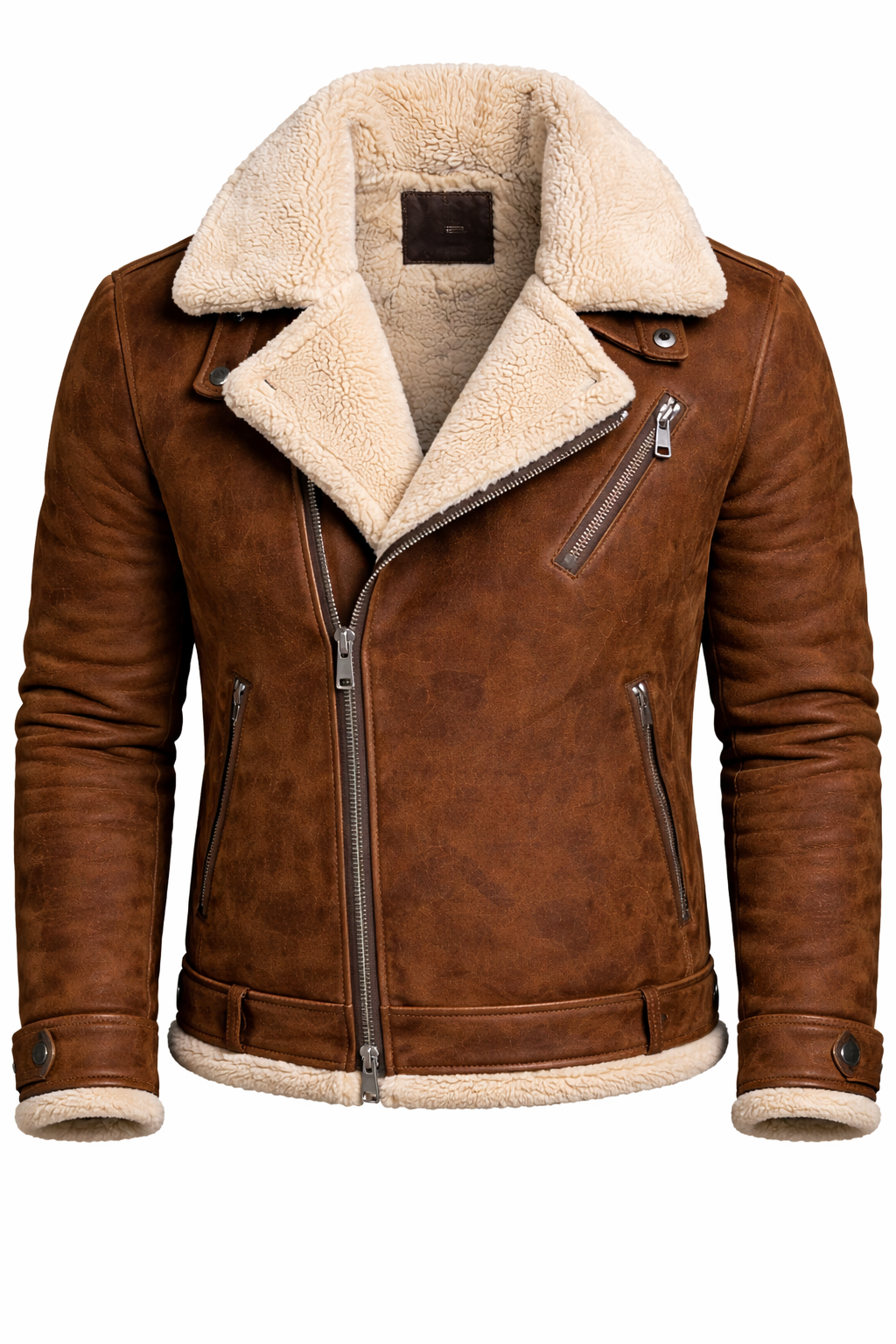 Men’s Brown Shearling Aviator Jacket – Distressed Leather B3 Style Winter Coat with Faux Fur Collar