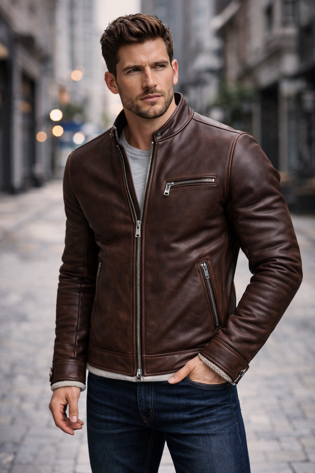 Men’s Slim Fit Brown Leather Jacket – Stand Collar Moto Style Zip-Up Casual Outerwear