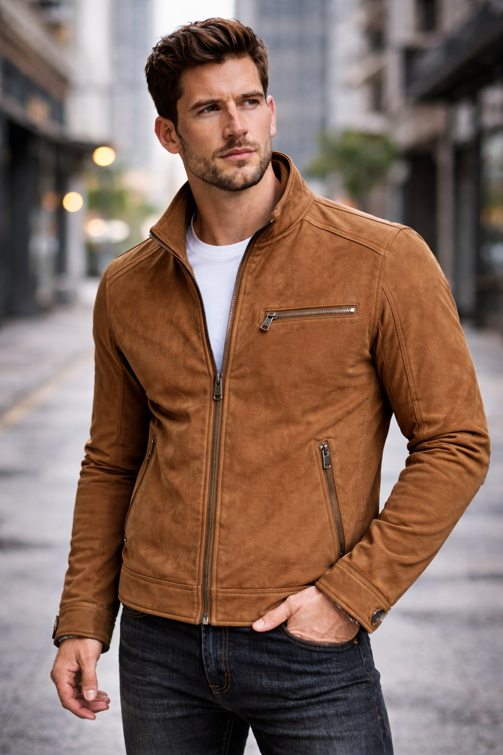Men’s Tan Suede Leather Jacket – Slim Fit Moto Style Zip-Up Casual Outerwear