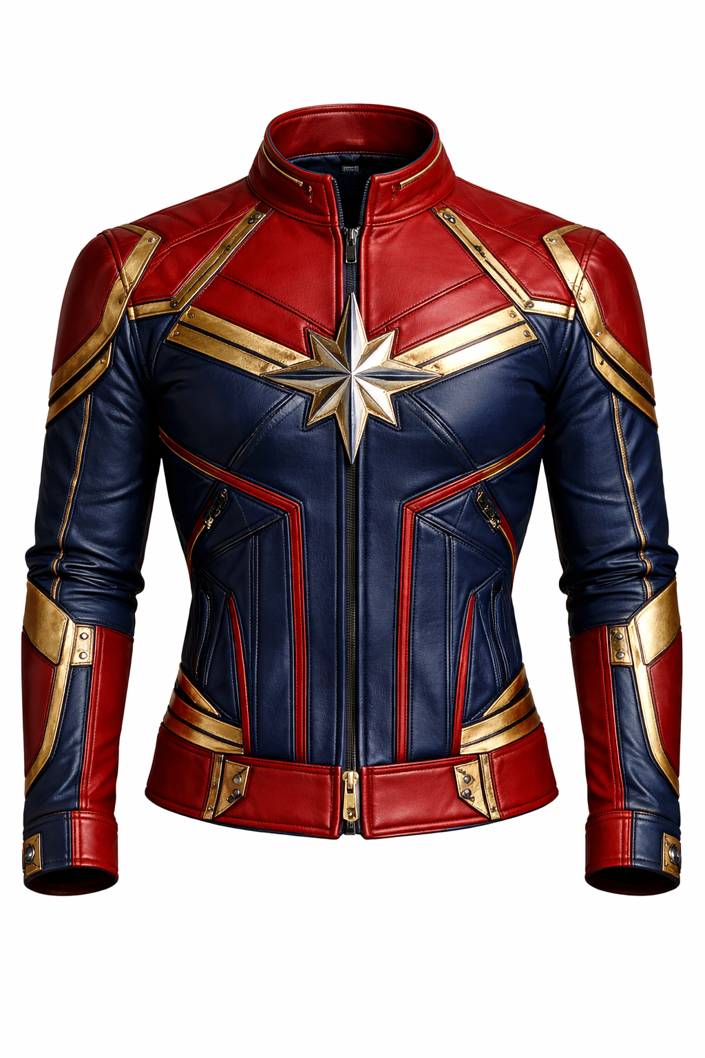 Men’s Red & Navy Hero-Inspired Leather Jacket – Metallic Star Emblem Armored Moto Style Jacket - Image 4