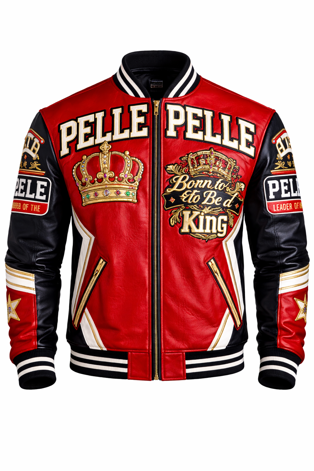 Men’s Pelle Pelle Red Leather Varsity Jacket – Embroidered Crown “Born To Be A King” Designer Statement Coat - Image 4