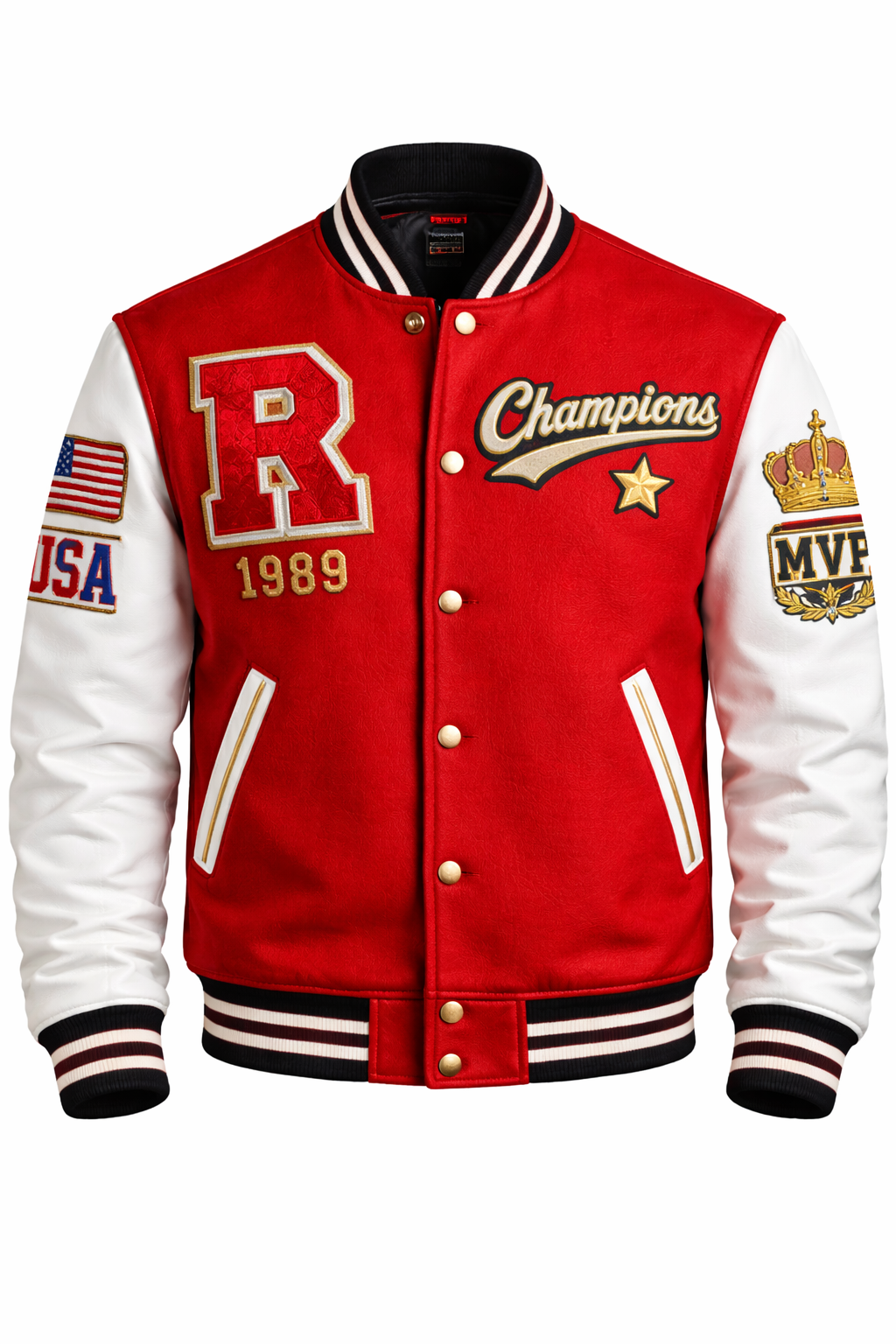 Men’s Red & White Varsity Jacket – Champions 1989 Athletic Letterman College Style Coat - Image 4