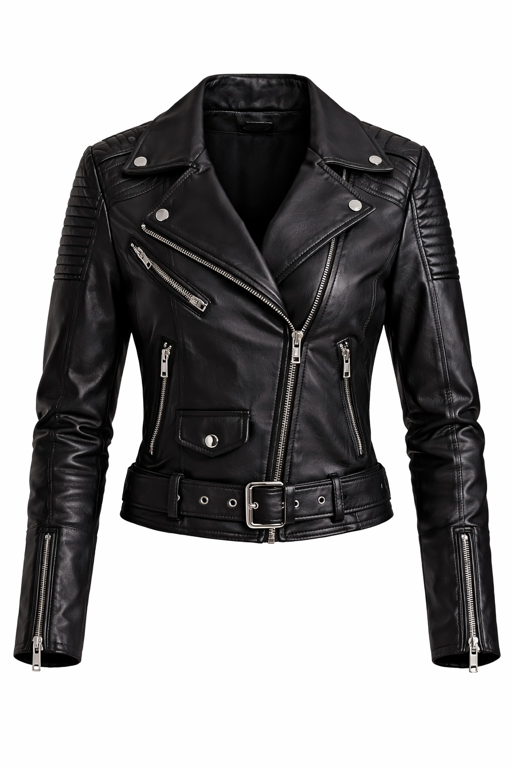 Women’s Black Leather Biker Jacket – Slim Fit Moto Style Asymmetrical Zip Motorcycle Coat - Image 4