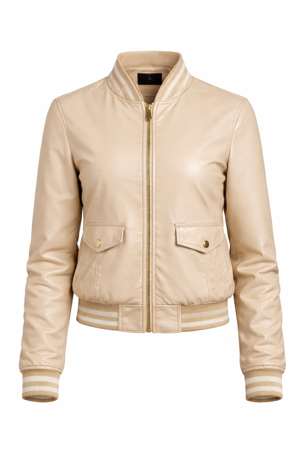 Women’s Beige Leather Bomber Jacket – Slim Fit Zip-Up Casual Varsity Style Coat - Image 4