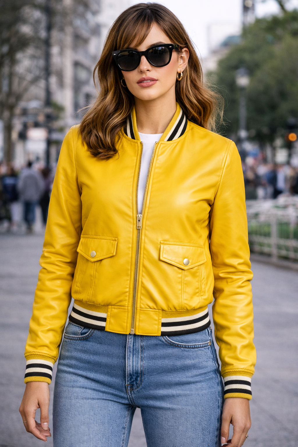 Women’s Yellow Leather Bomber Jacket – Celebrity-Inspired Slim Fit Varsity Style Zip-Up Coat