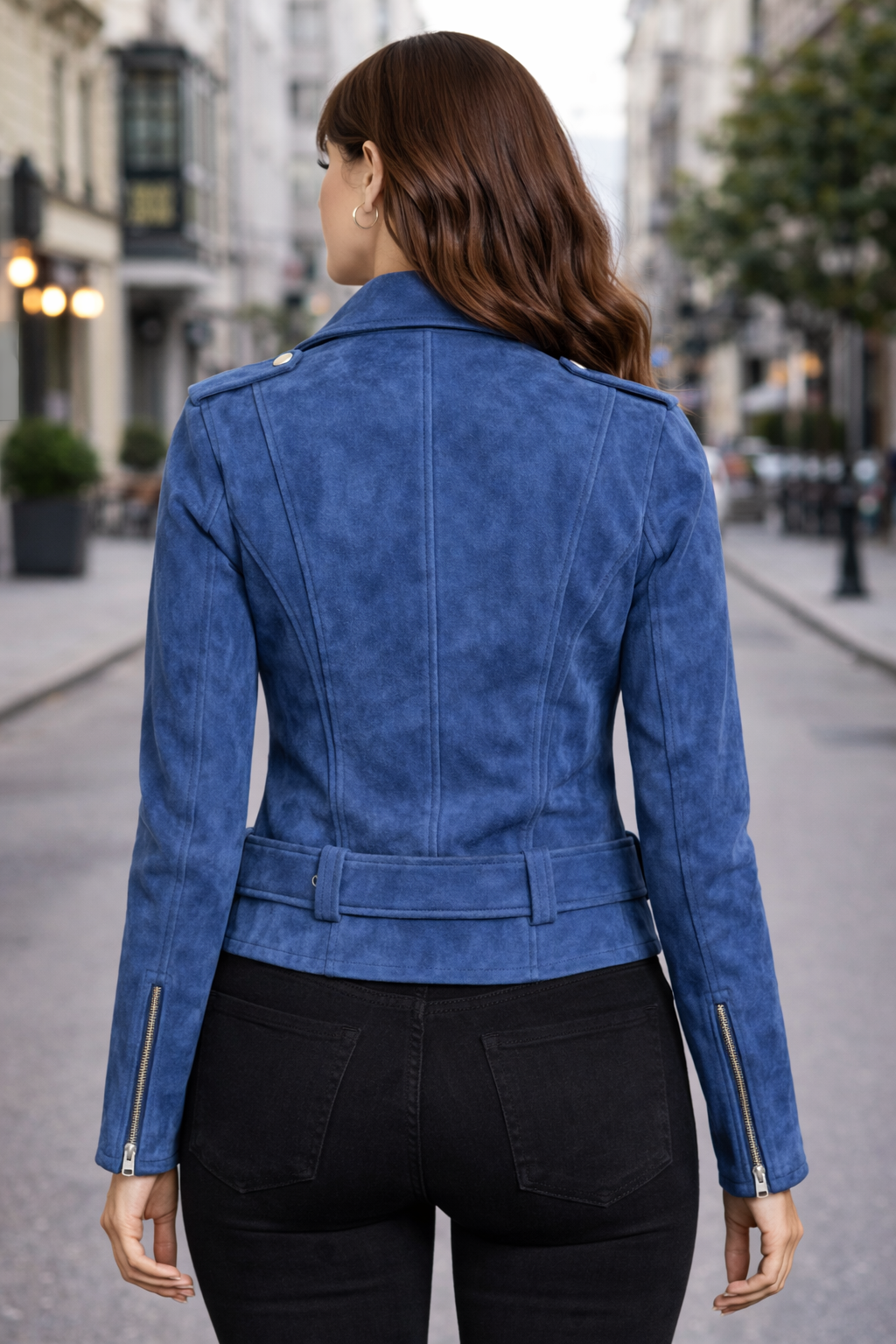Women’s Blue Suede Leather Jacket – Slim Fit Moto Biker Coat with Belt & Silver Hardware - Image 2