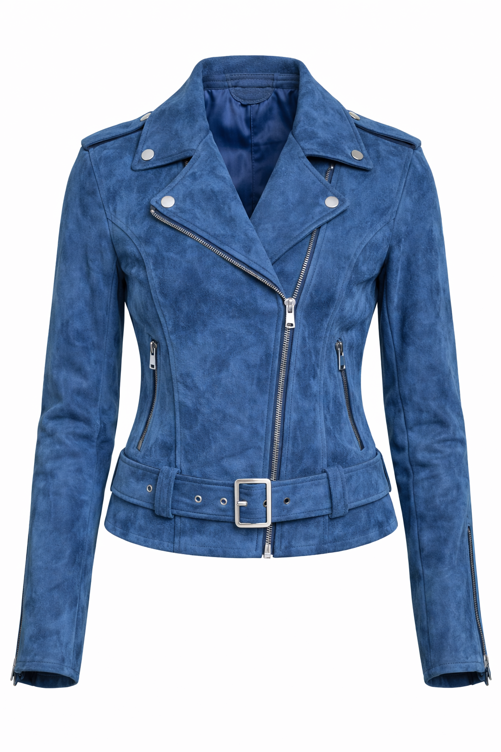 Women’s Blue Suede Leather Jacket – Slim Fit Moto Biker Coat with Belt & Silver Hardware - Image 4