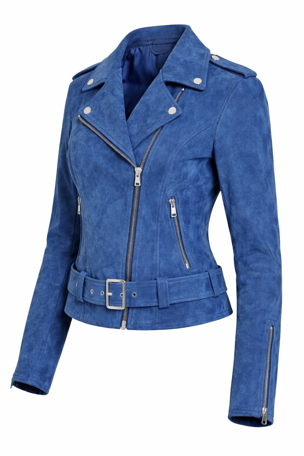 Women’s Blue Suede Leather Jacket – Slim Fit Moto Biker Coat with Belt & Silver Hardware - Image 3