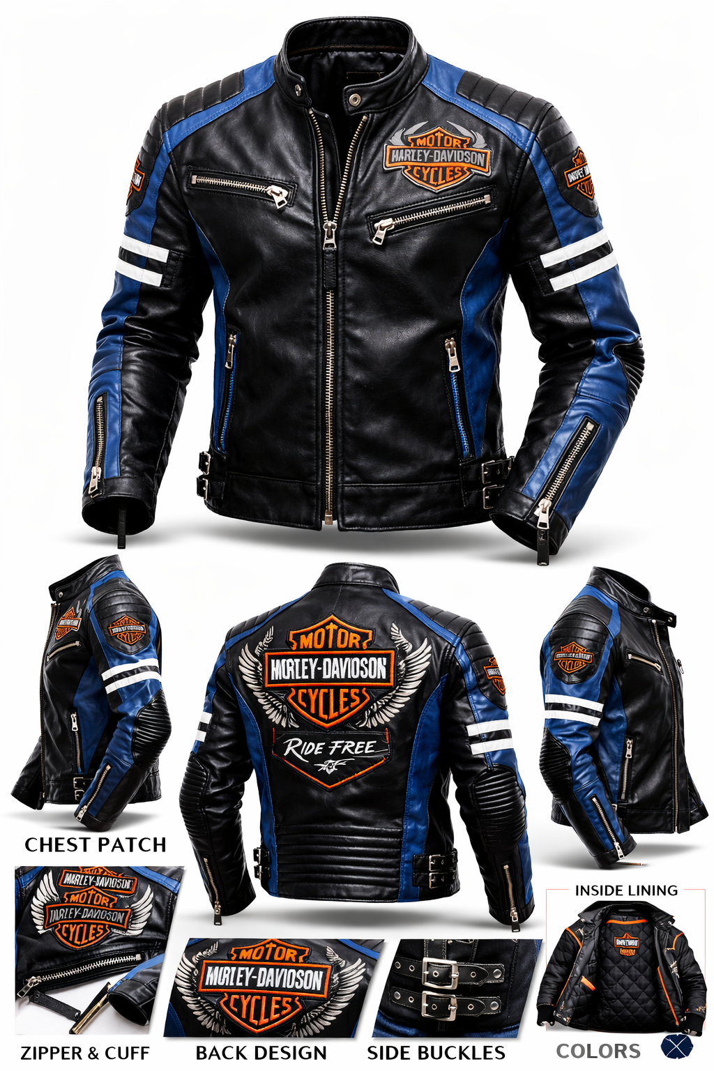 Men’s Black & Blue Biker Leather Jacket – Motorcycle Racing Style Zip-Up Riding Jacket - Image 4