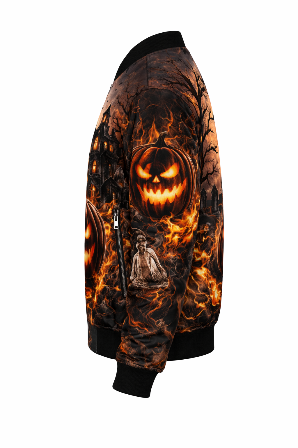 Menβs Halloween Haunted House & Flaming Pumpkin Bomber Jacket β 3D All-Over Print Zip-Up Party Jacket - Image 2
