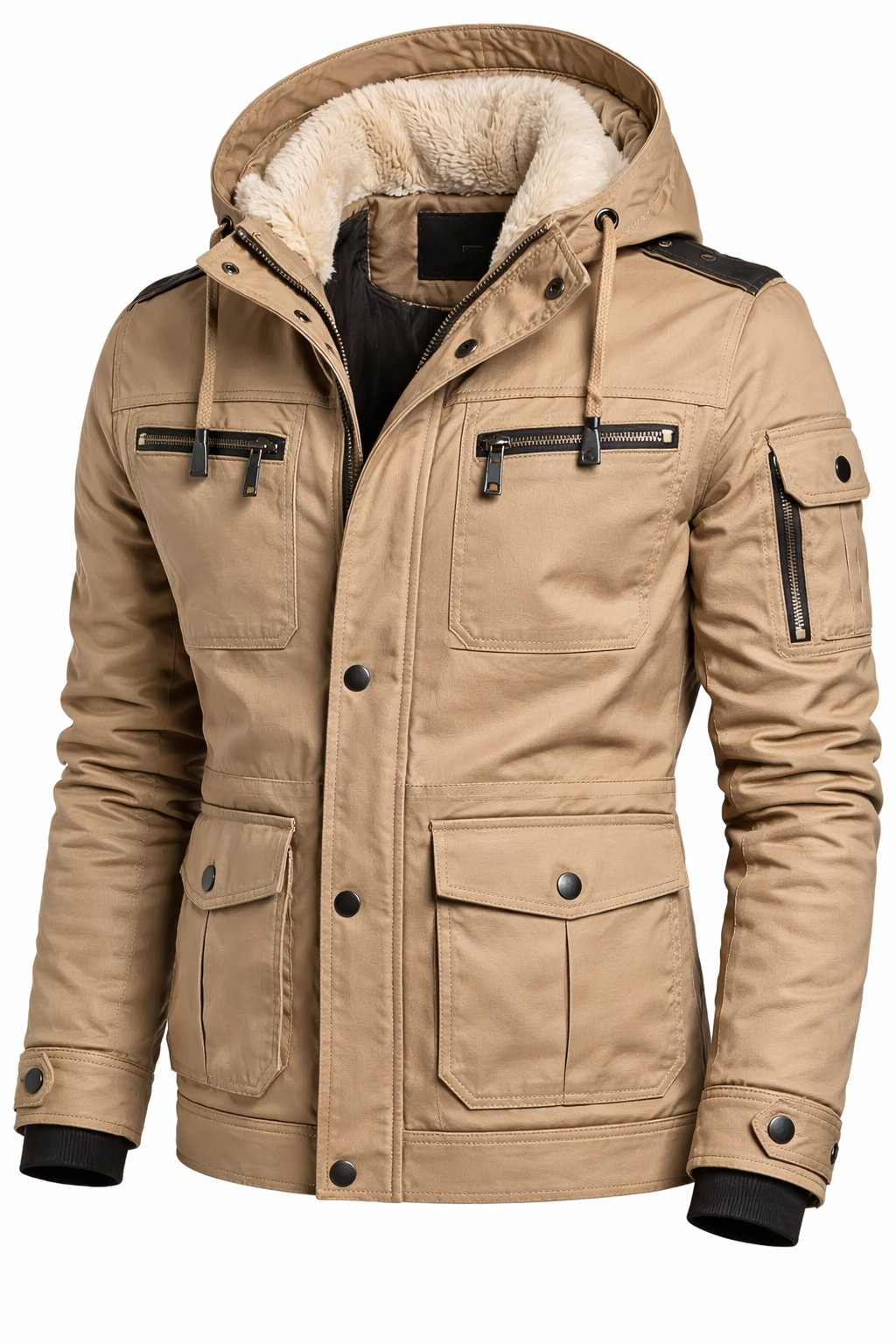 Men’s Beige Hooded Winter Jacket – Fur Lined Parka Style Utility Coat with Multiple Pockets - Image 3