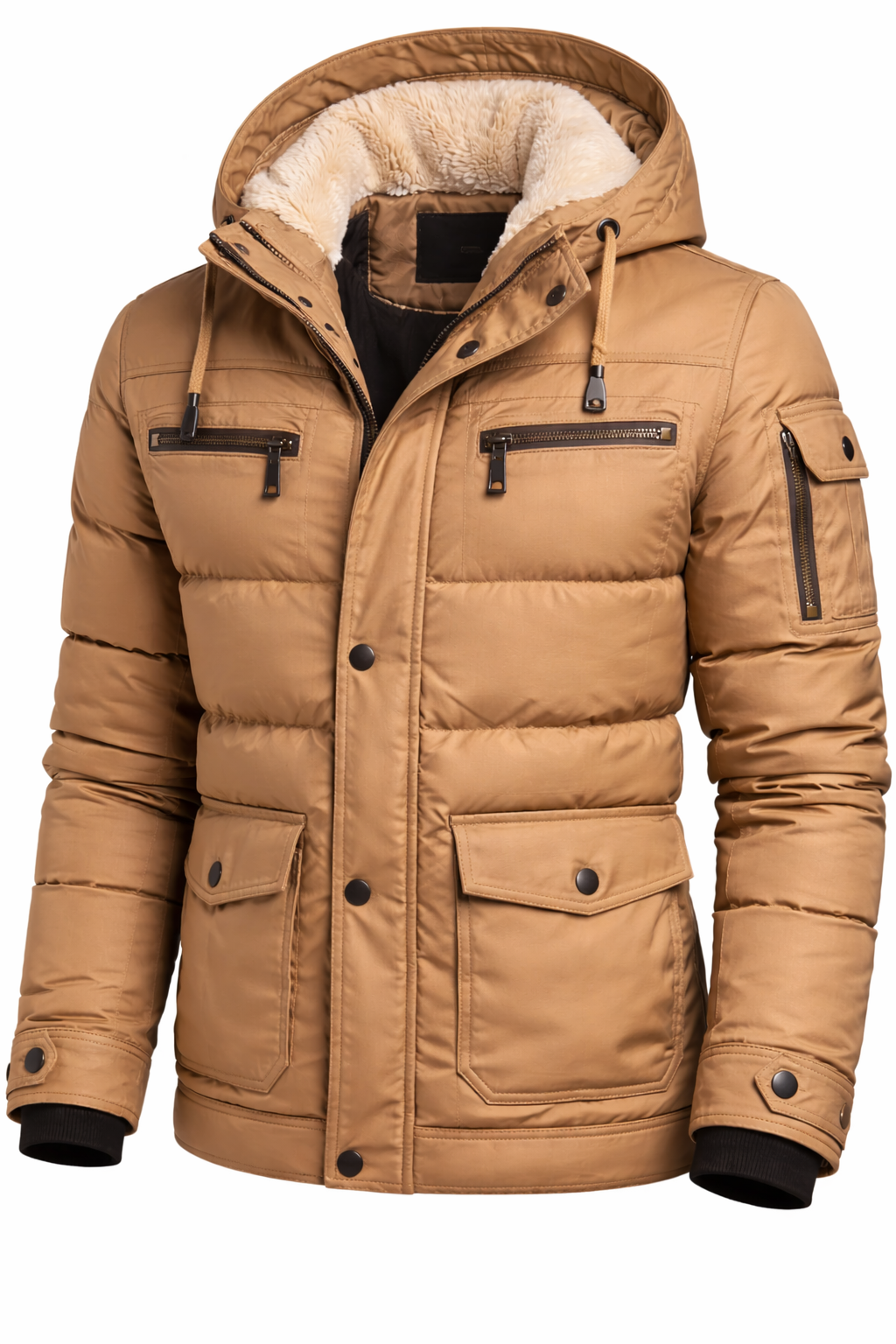 Men’s Tan Puffer Jacket with Hood – Insulated Winter Coat with Faux Fur Lining & Utility Pockets - Image 4
