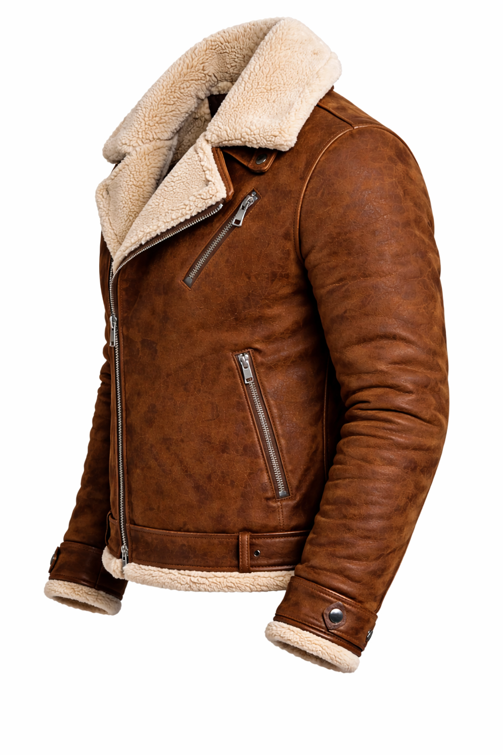 Men’s Brown Shearling Aviator Jacket – Distressed Leather B3 Style Winter Coat with Faux Fur Collar - Image 2