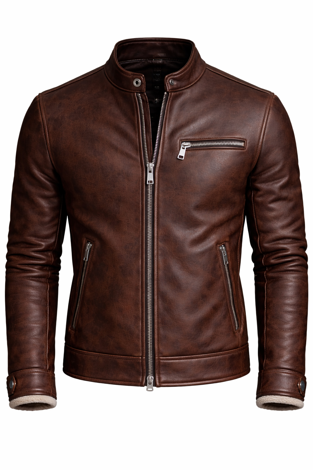 Men’s Slim Fit Brown Leather Jacket – Stand Collar Moto Style Zip-Up Casual Outerwear - Image 2