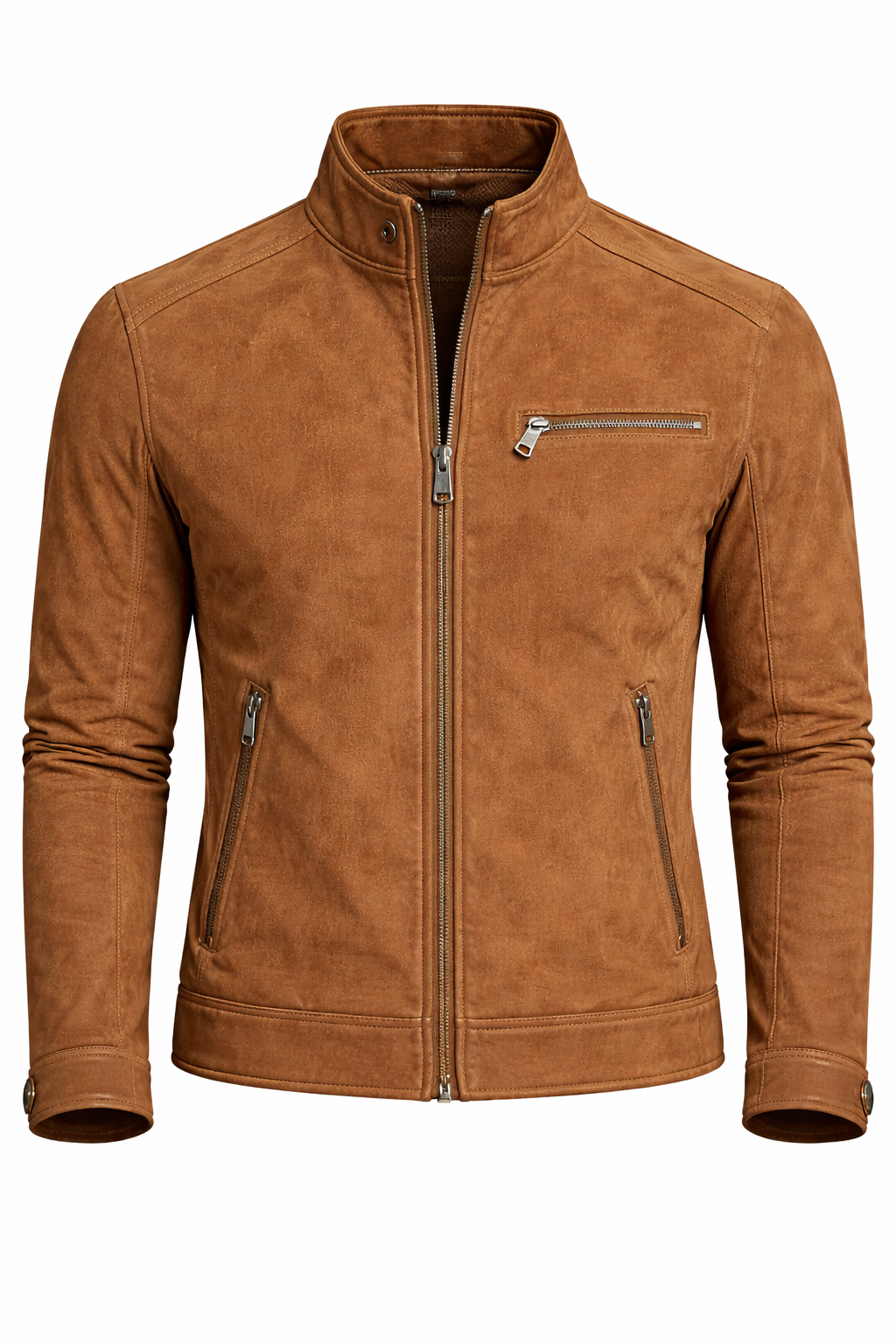 Men’s Tan Suede Leather Jacket – Slim Fit Moto Style Zip-Up Casual Outerwear - Image 2