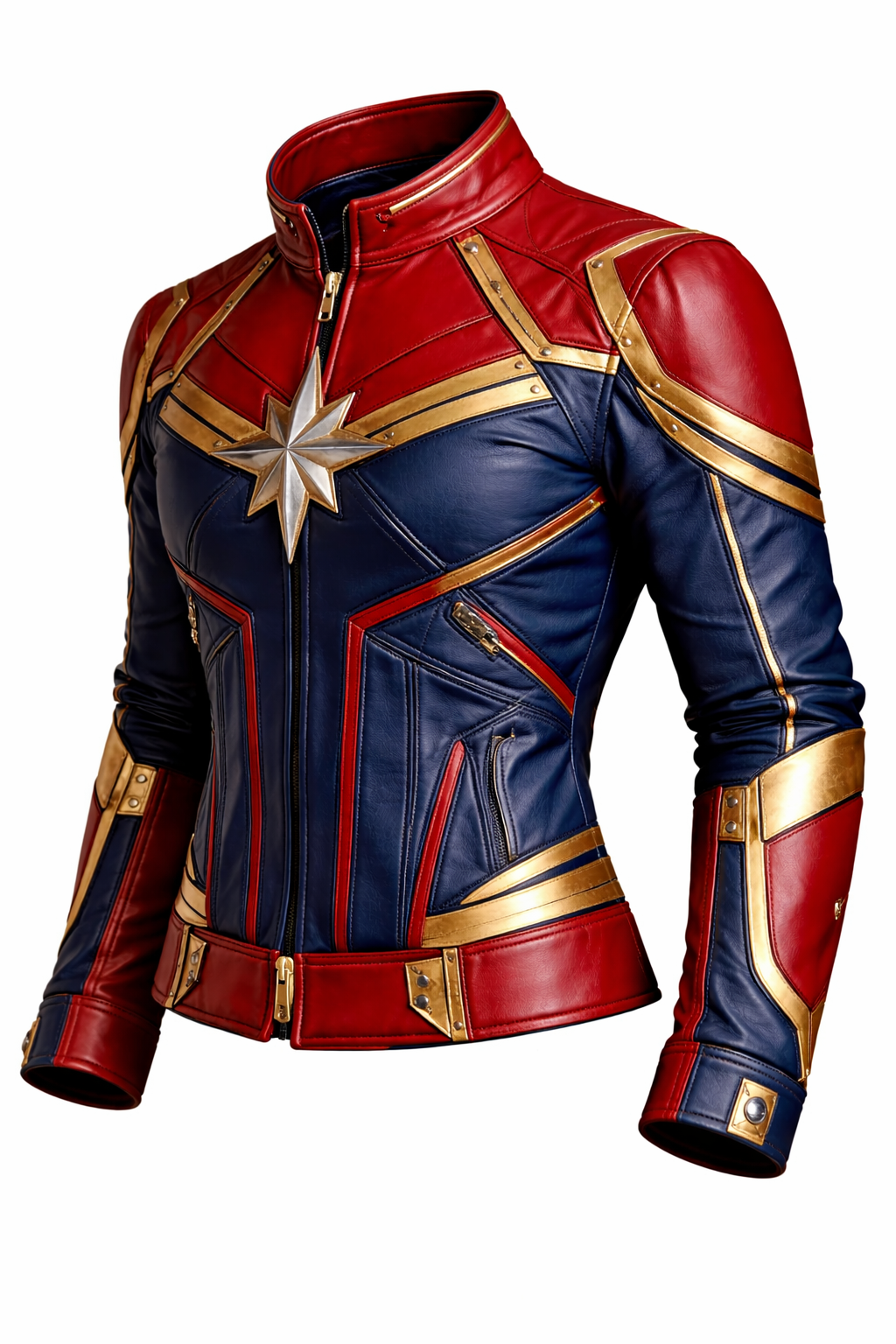 Men’s Red & Navy Hero-Inspired Leather Jacket – Metallic Star Emblem Armored Moto Style Jacket - Image 3