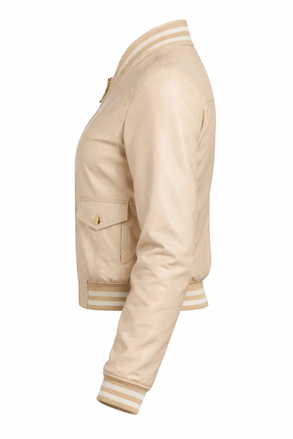 Women’s Beige Leather Bomber Jacket – Slim Fit Zip-Up Casual Varsity Style Coat - Image 3