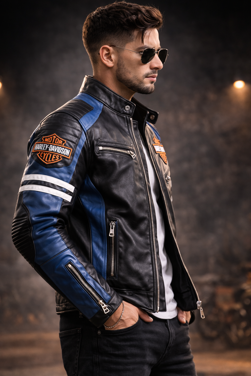 Men’s Black & Blue Biker Leather Jacket – Motorcycle Racing Style Zip-Up Riding Jacket - Image 2