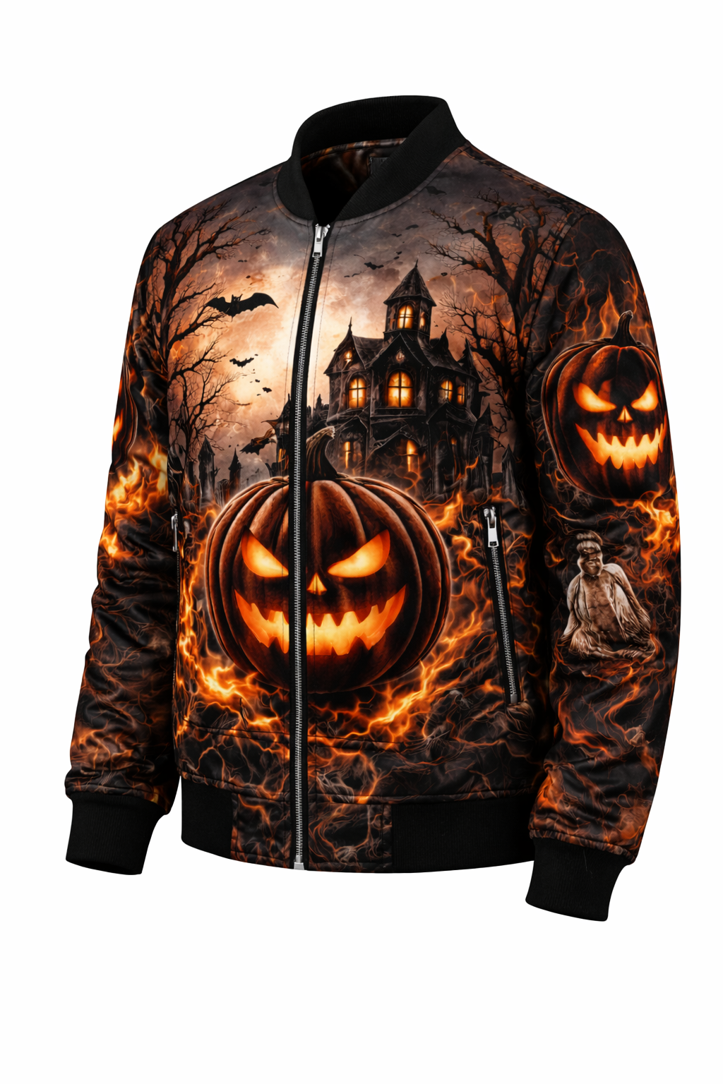 Menβs Halloween Haunted House & Flaming Pumpkin Bomber Jacket β 3D All-Over Print Zip-Up Party Jacket - Image 3