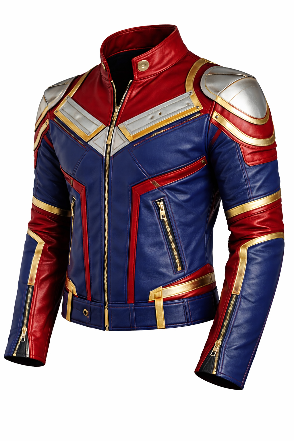 Men’s Red & Blue Hero Style Leather Jacket – Armored Moto Fashion Jacket with Gold Accents - Image 2