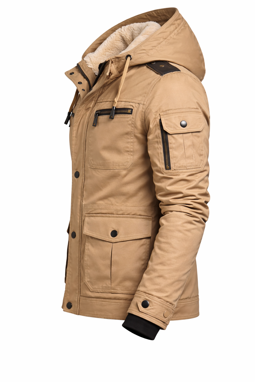 Men’s Beige Hooded Winter Jacket – Fur Lined Parka Style Utility Coat with Multiple Pockets - Image 2