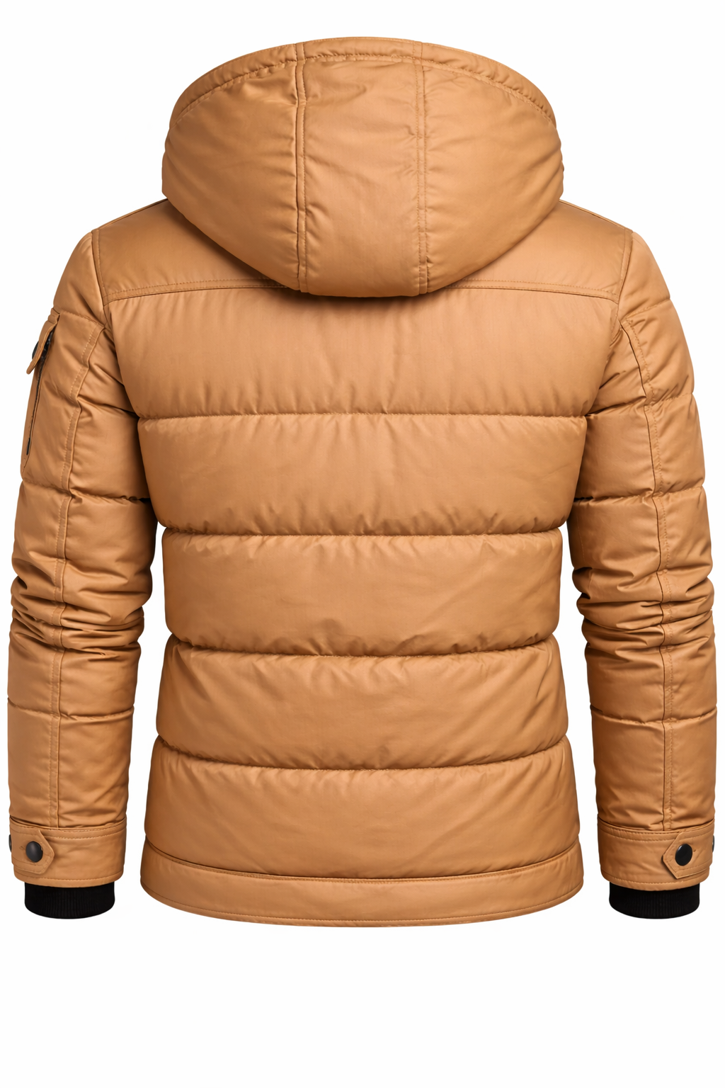 Men’s Tan Puffer Jacket with Hood – Insulated Winter Coat with Faux Fur Lining & Utility Pockets - Image 3