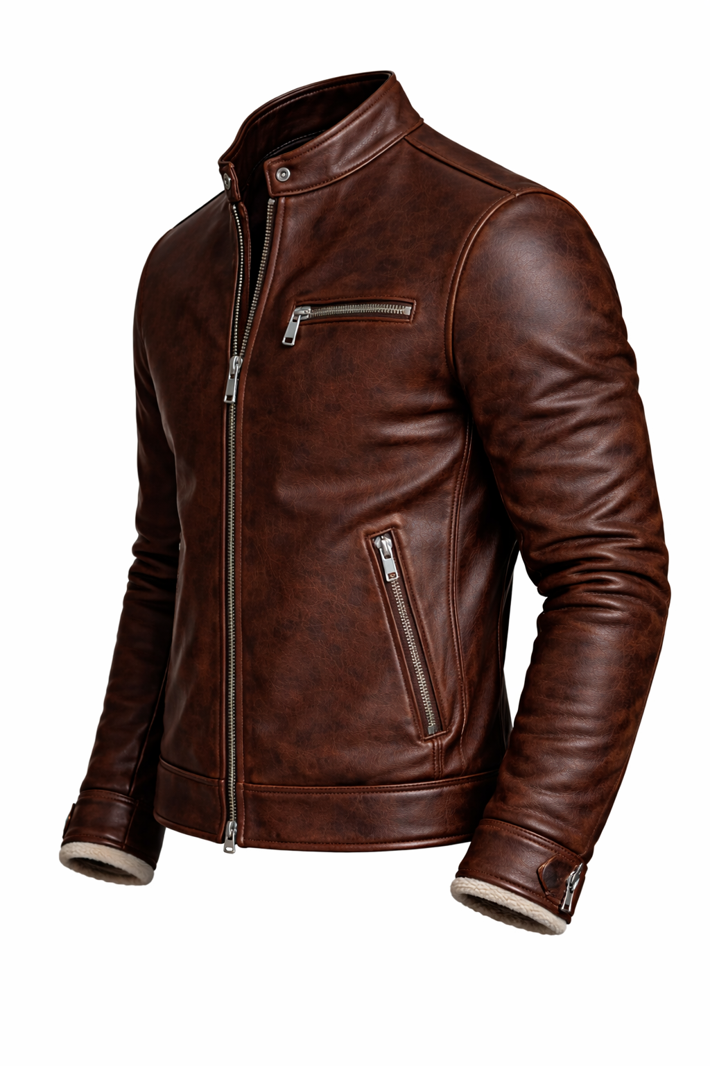 Men’s Slim Fit Brown Leather Jacket – Stand Collar Moto Style Zip-Up Casual Outerwear - Image 3