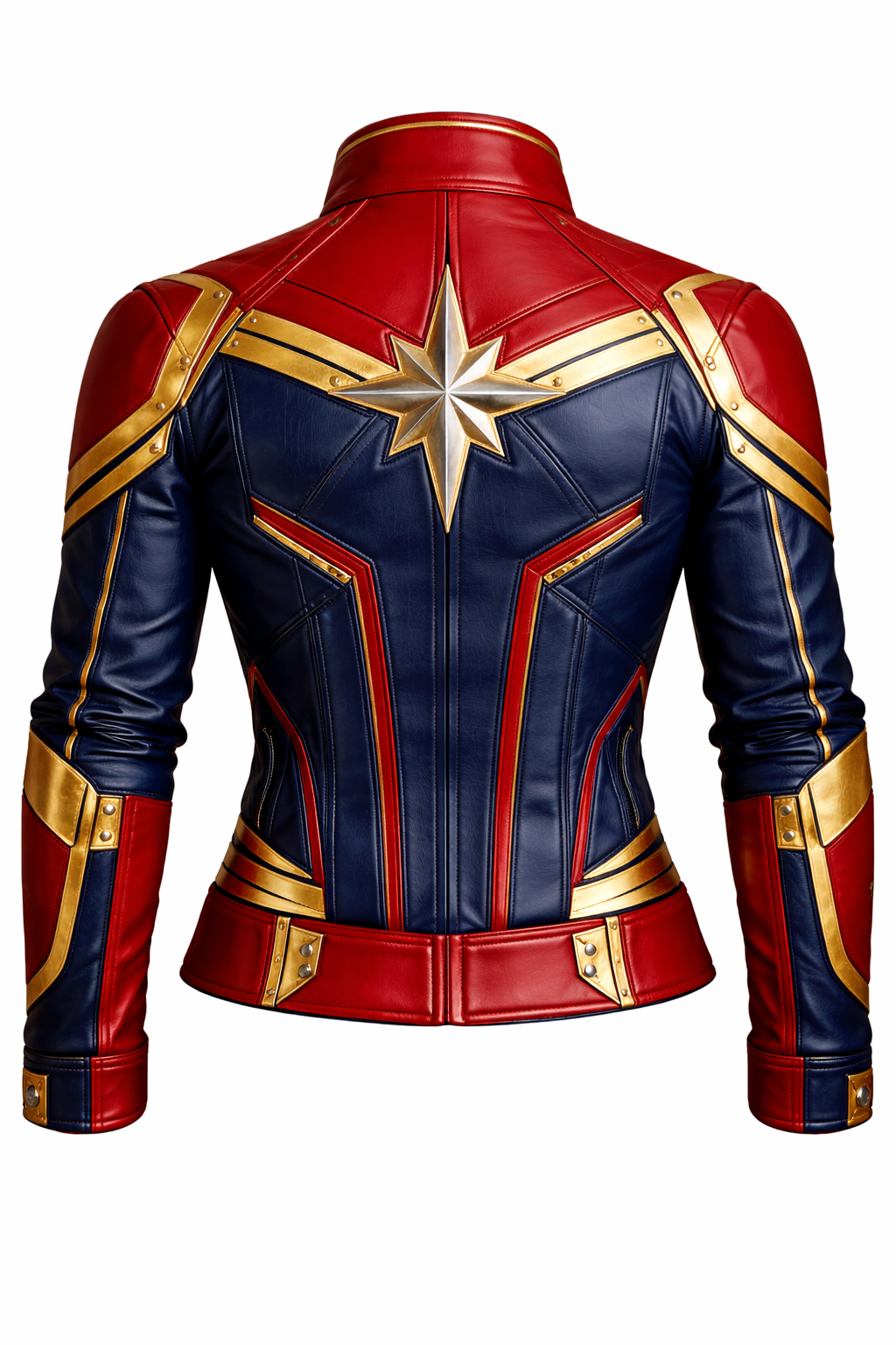 Men’s Red & Navy Hero-Inspired Leather Jacket – Metallic Star Emblem Armored Moto Style Jacket - Image 2