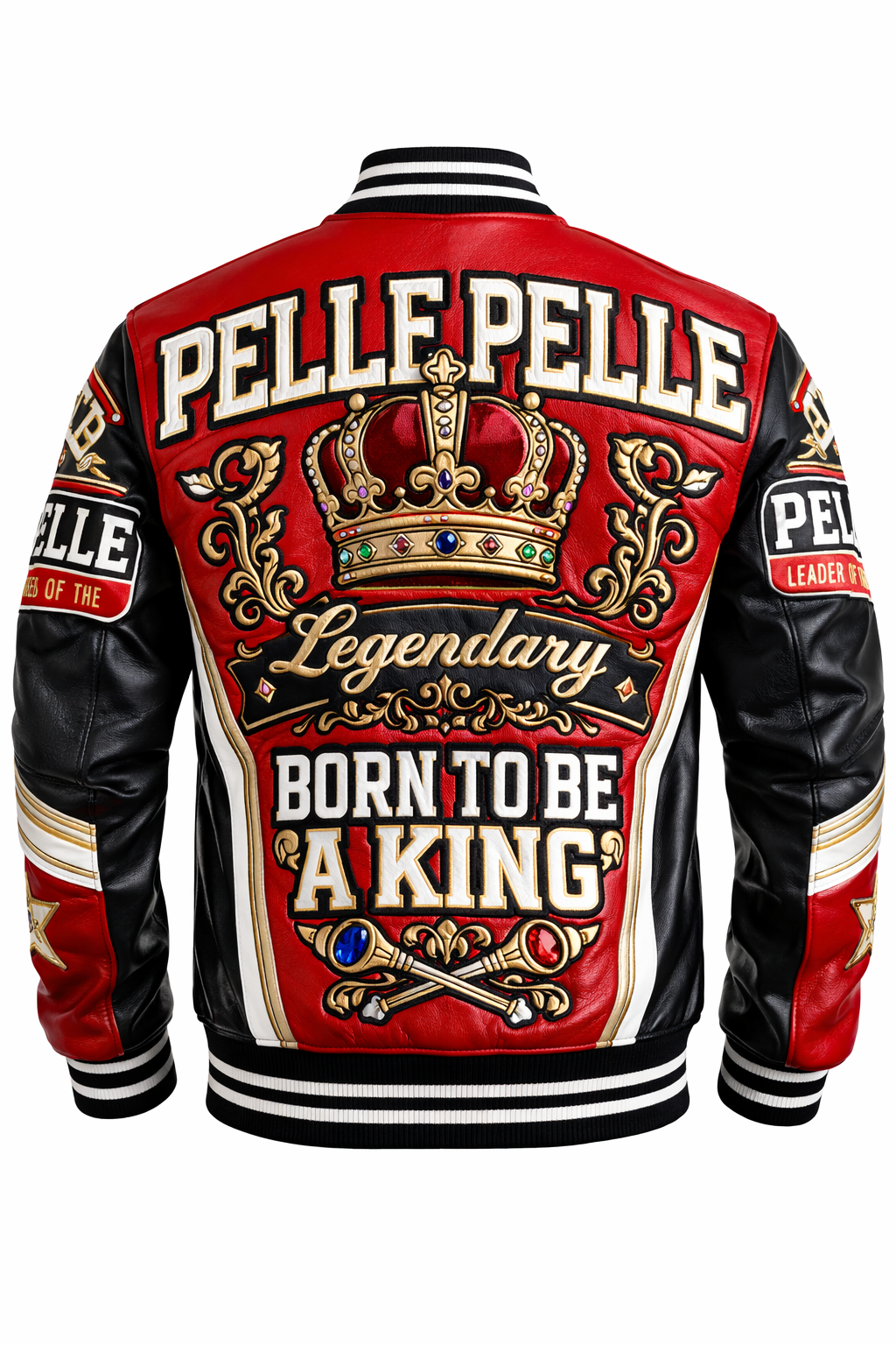 Men’s Pelle Pelle Red Leather Varsity Jacket – Embroidered Crown “Born To Be A King” Designer Statement Coat - Image 2