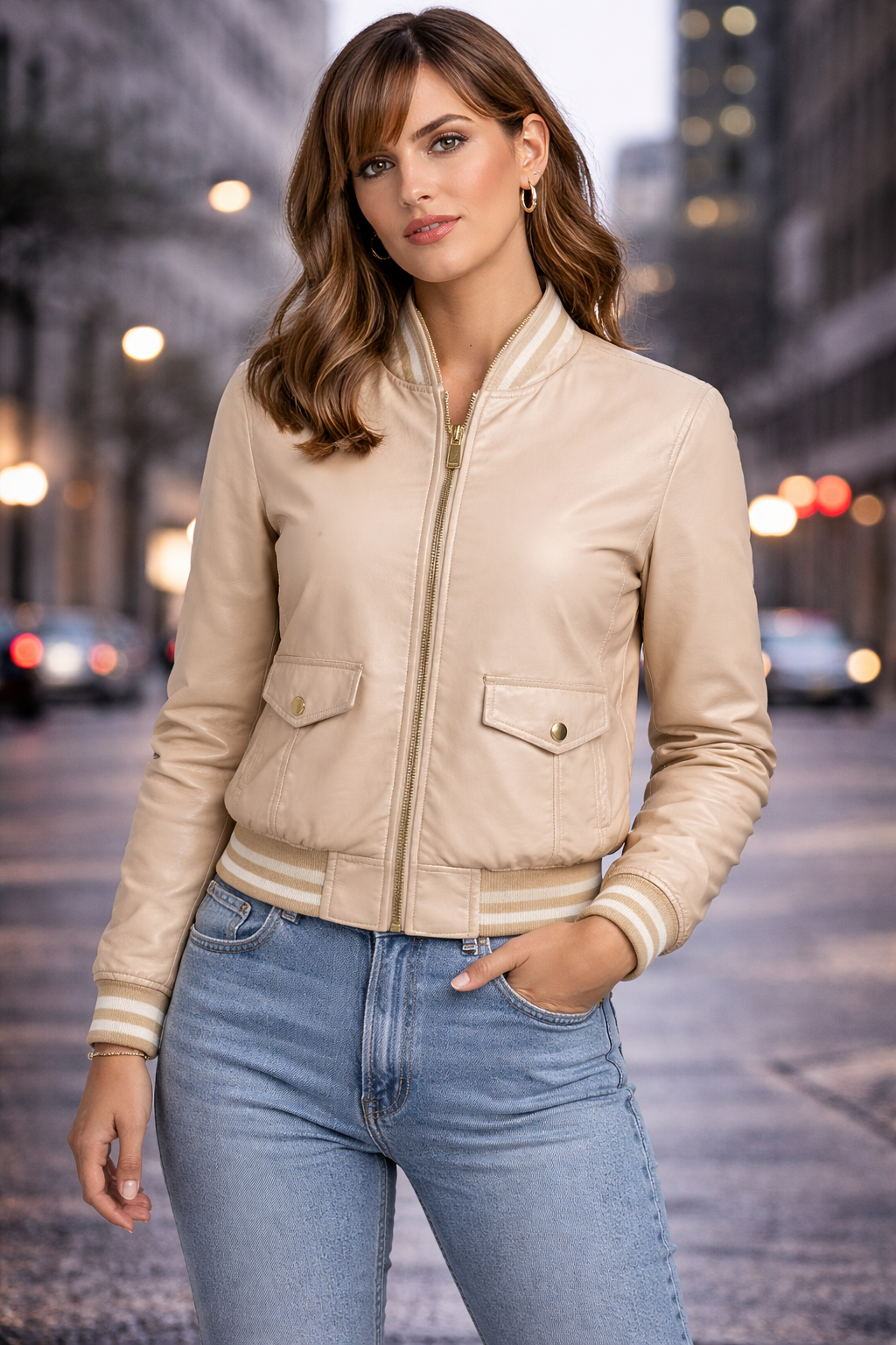 Women’s Beige Leather Bomber Jacket – Slim Fit Zip-Up Casual Varsity Style Coat