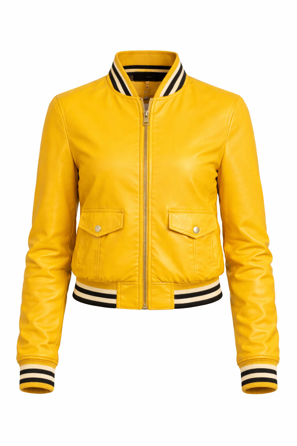 Women’s Yellow Leather Bomber Jacket – Celebrity-Inspired Slim Fit Varsity Style Zip-Up Coat - Image 3