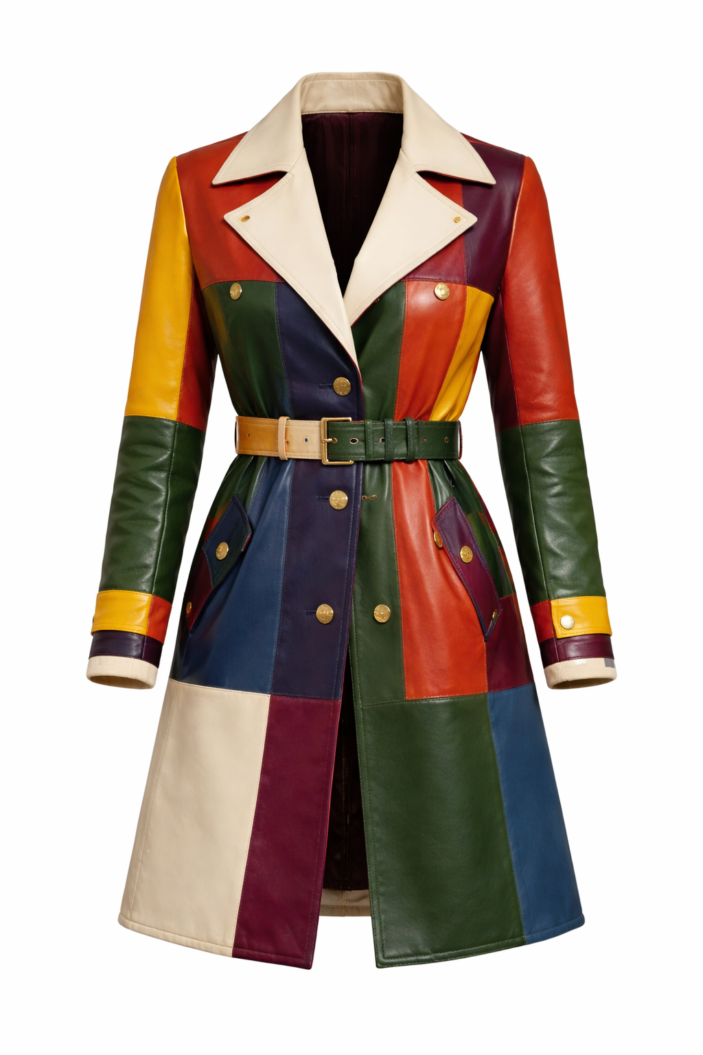 Women's Multicolor Patchwork Leather Trench Coat – Belted Long Designer Statement Coat - Image 4