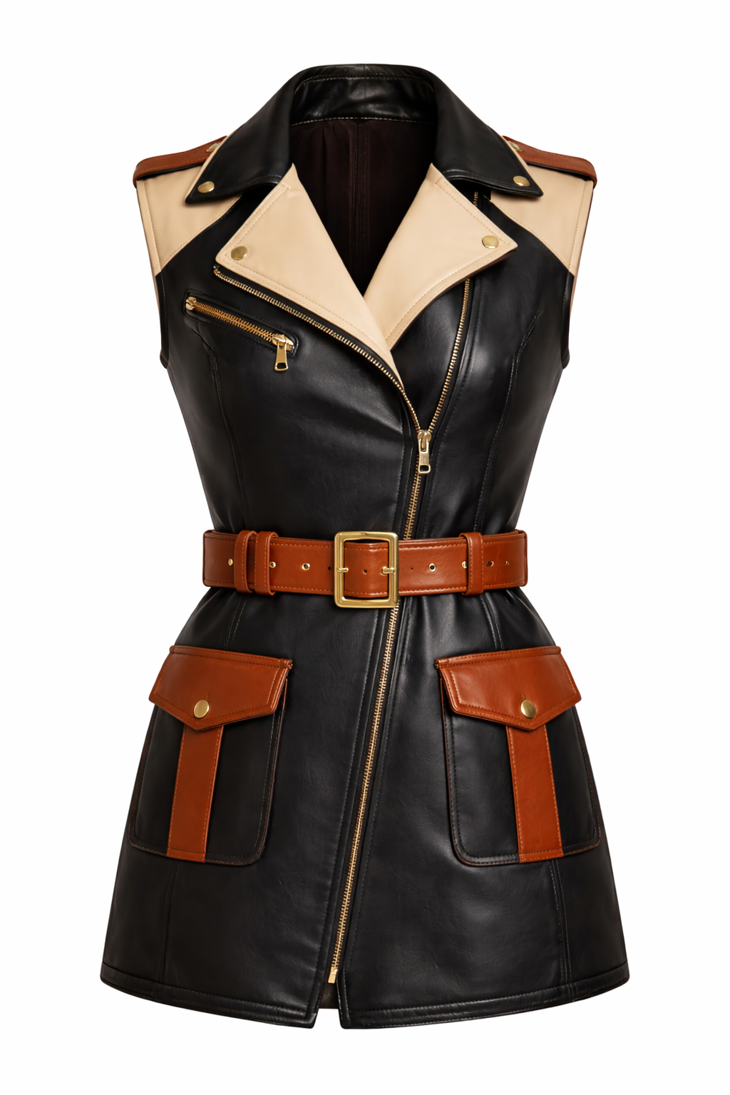 Women's Belted Leather Vest – Sleeveless Designer Moto Waistcoat with Gold Zipper & Utility Pockets - Image 4