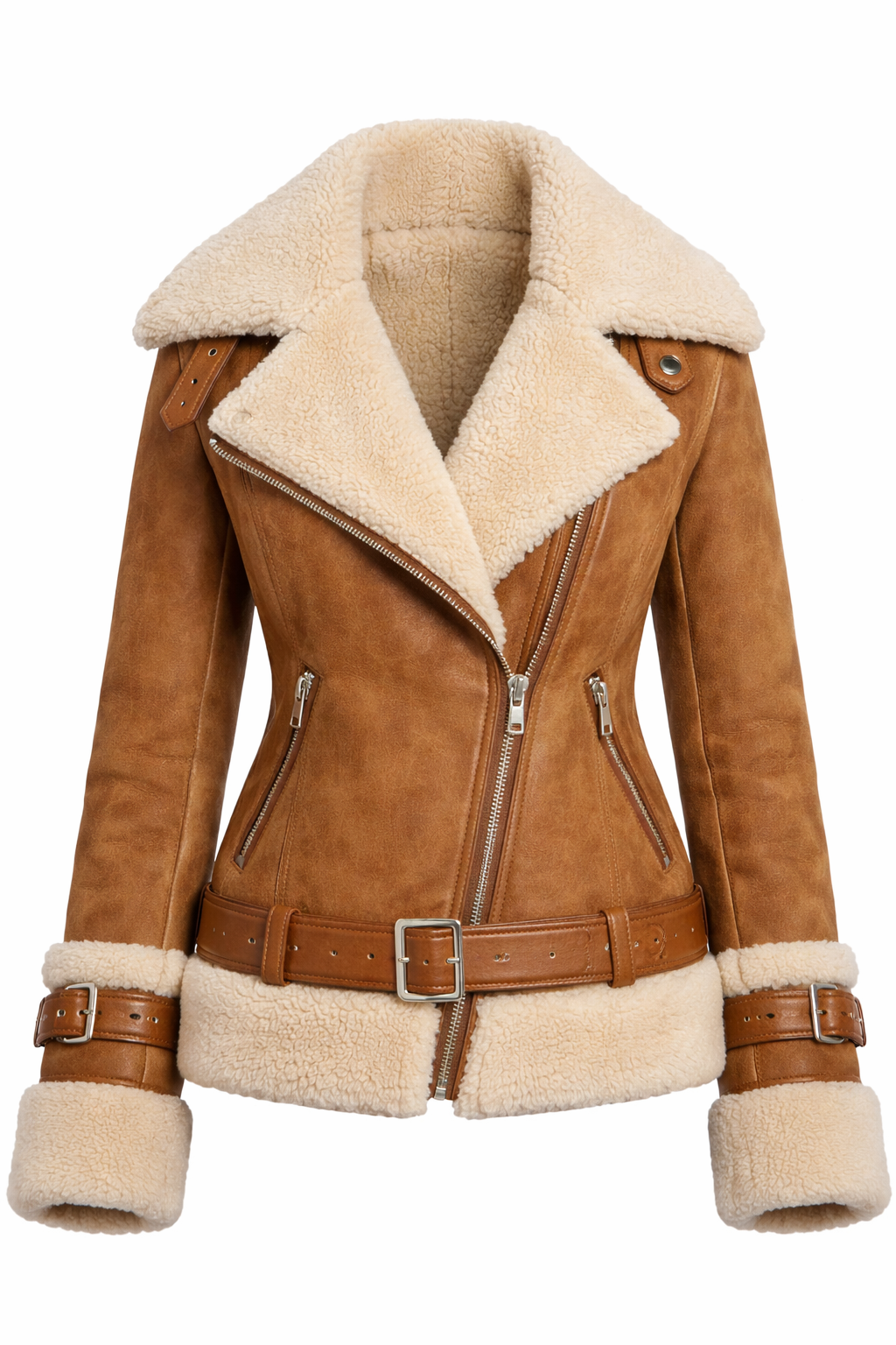 Women’s Shearling Aviator Jacket – Faux Suede Leather Biker Coat with Plush Fur Collar & Belted Waist - Image 4