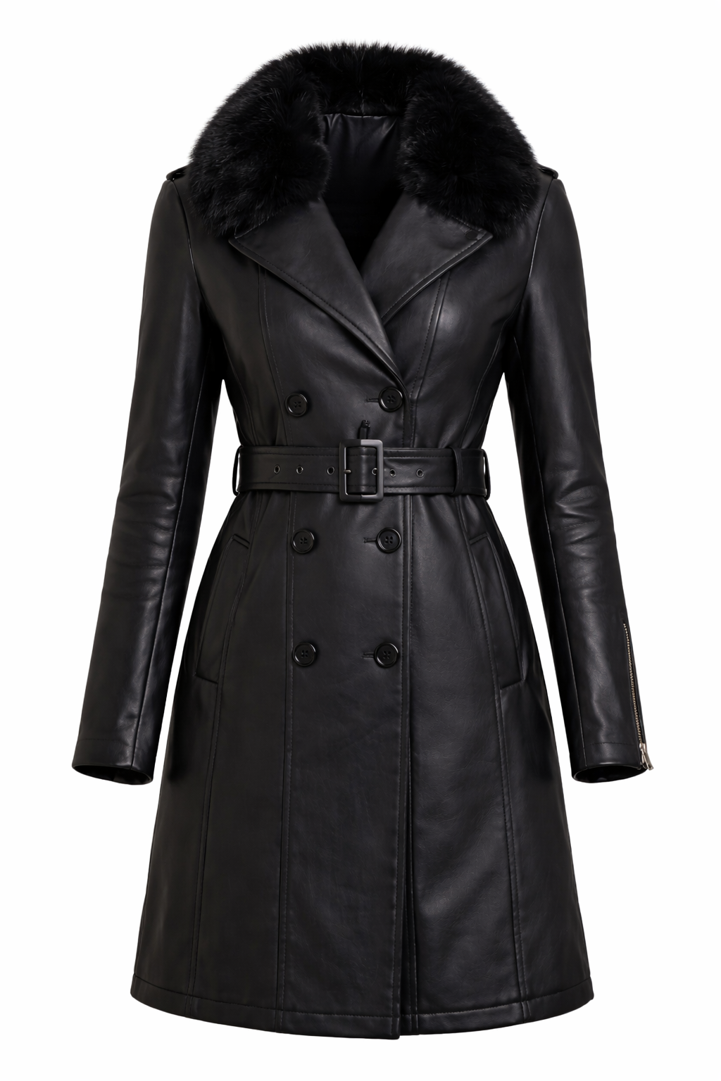 Women’s Black Leather Trench Coat – Double Breasted Winter Coat with Faux Fur Collar & Belted Waist - Image 3