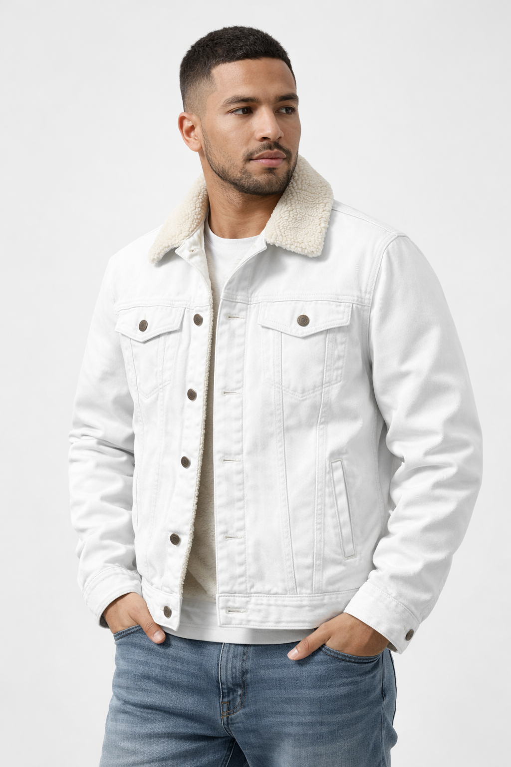 Men’s White Denim Sherpa Jacket – Faux Shearling Lined Winter Trucker Coat - Image 4