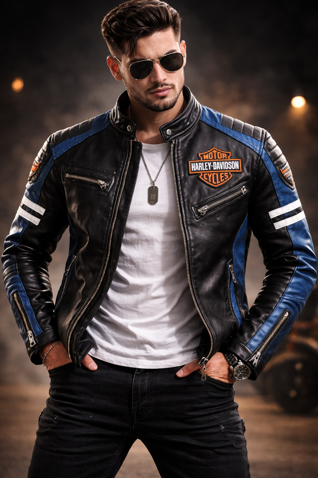 Men’s Black & Blue Biker Leather Jacket – Motorcycle Racing Style Zip-Up Riding Jacket - Image 3