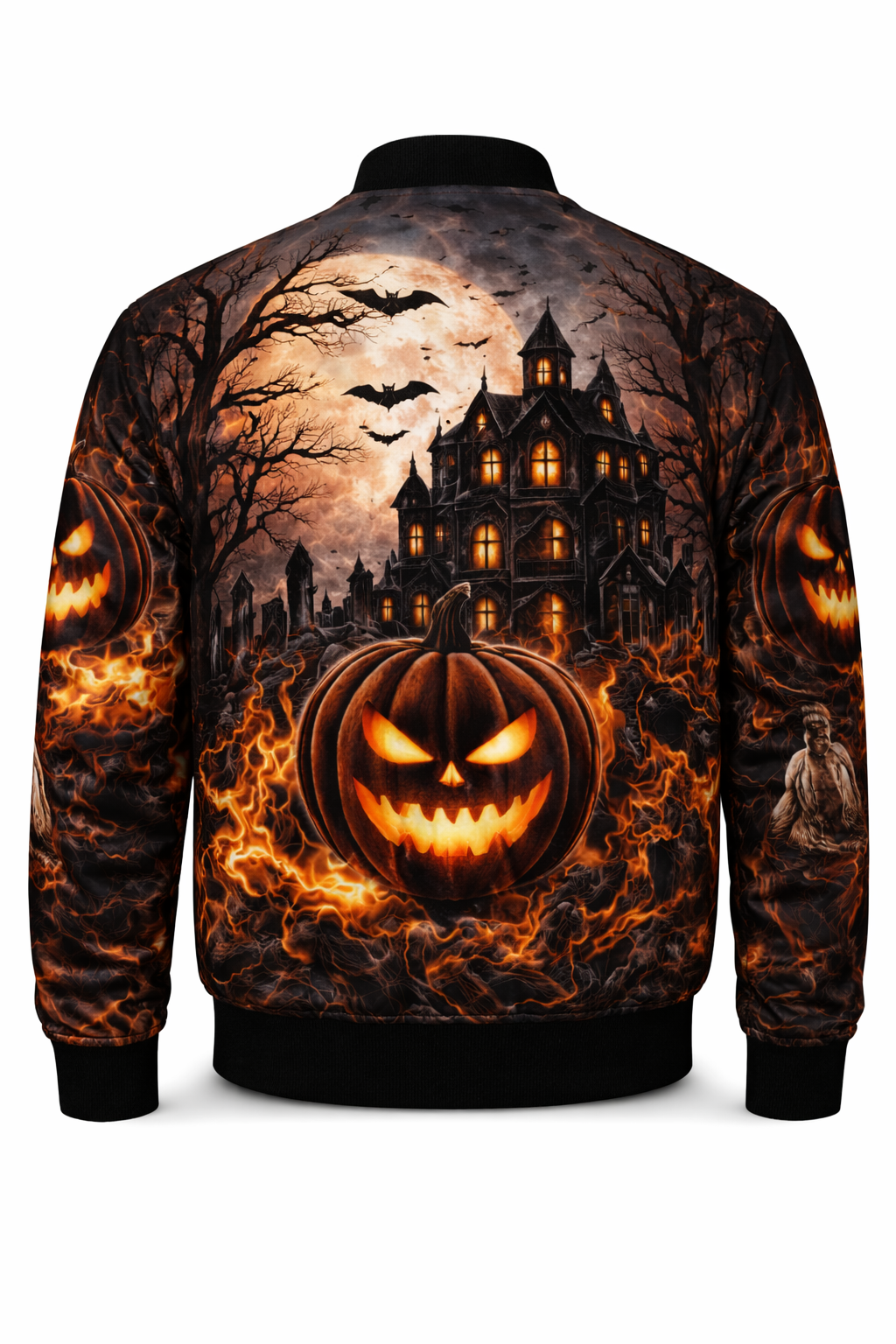 Menβs Halloween Haunted House & Flaming Pumpkin Bomber Jacket β 3D All-Over Print Zip-Up Party Jacket - Image 4
