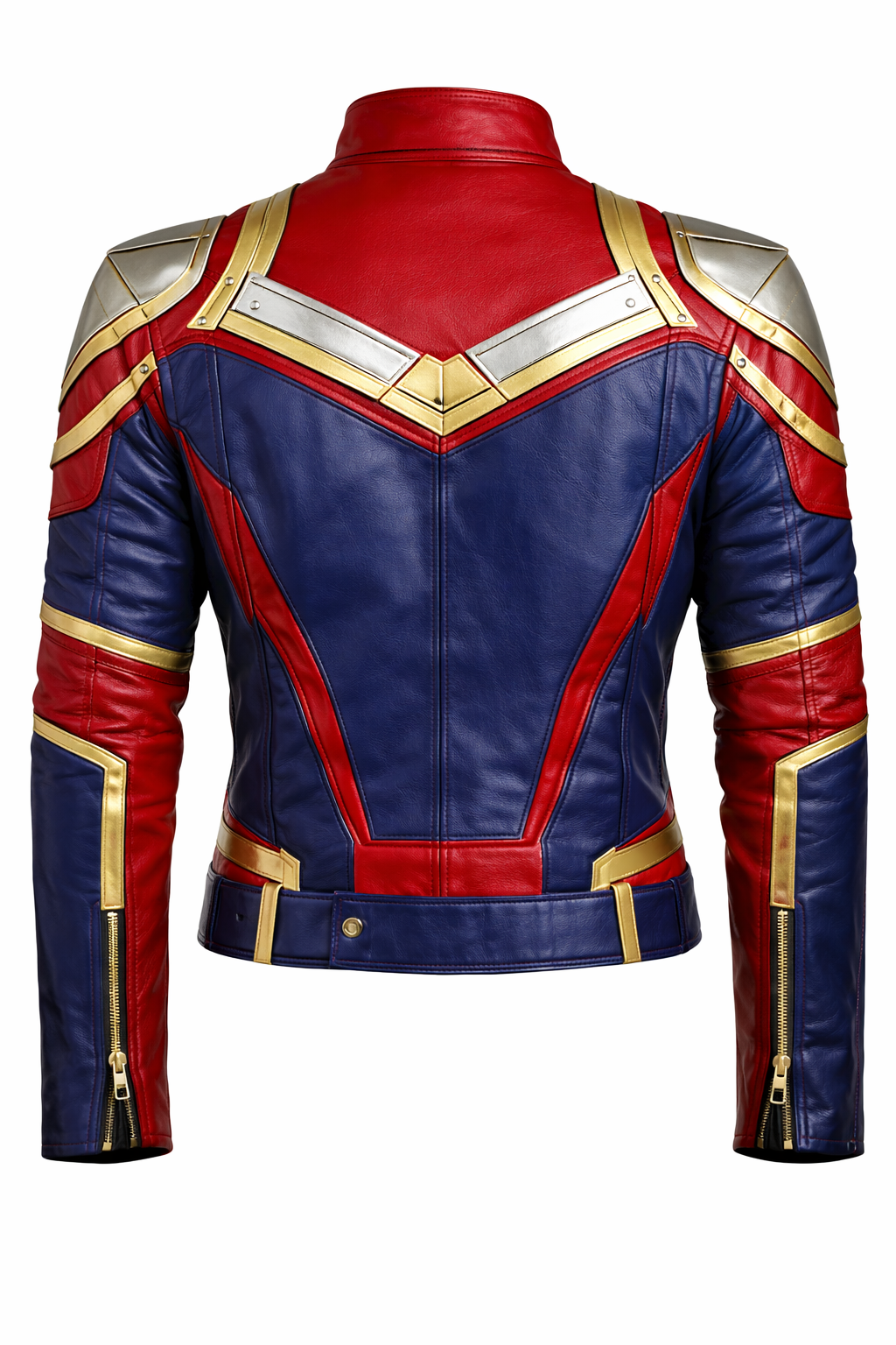 Men’s Red & Blue Hero Style Leather Jacket – Armored Moto Fashion Jacket with Gold Accents - Image 4