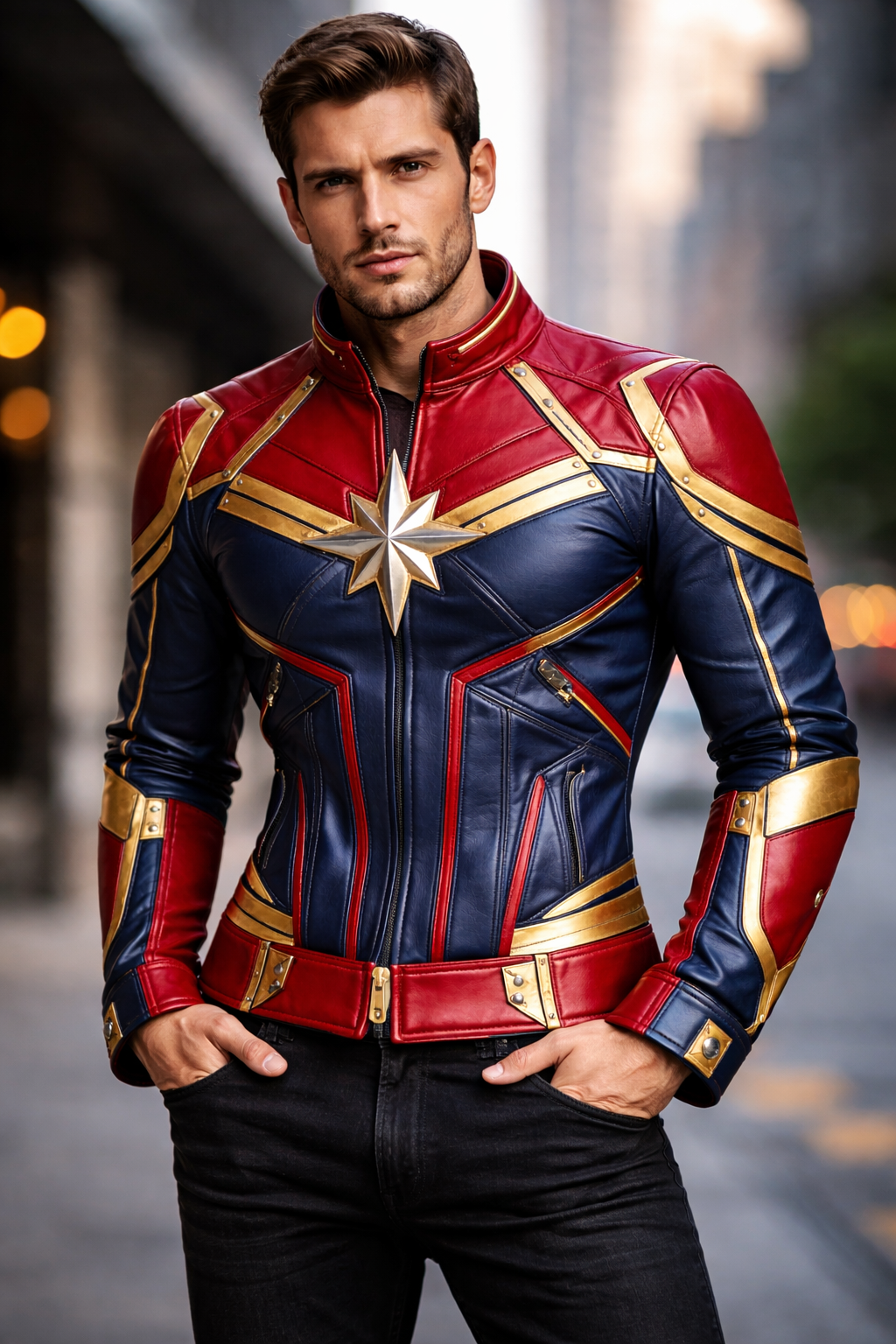 Men’s Red & Navy Hero-Inspired Leather Jacket – Metallic Star Emblem Armored Moto Style Jacket